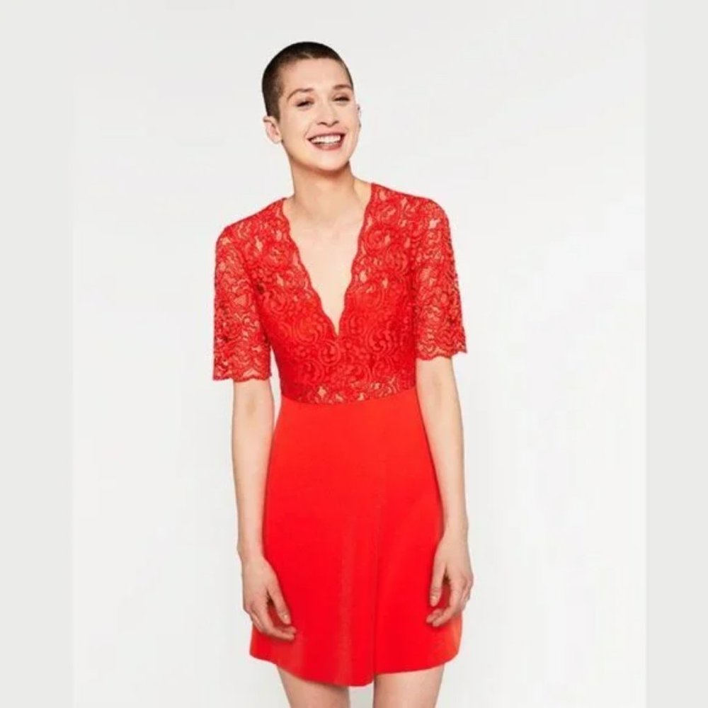 Zara Holiday Preppy Chic Lace V Neck Open Back Sheer Skater‎ Dress Red Orange